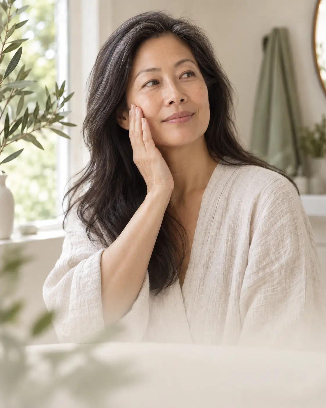 Woman with natural mature skin gently touching her cheek near a sunlit window