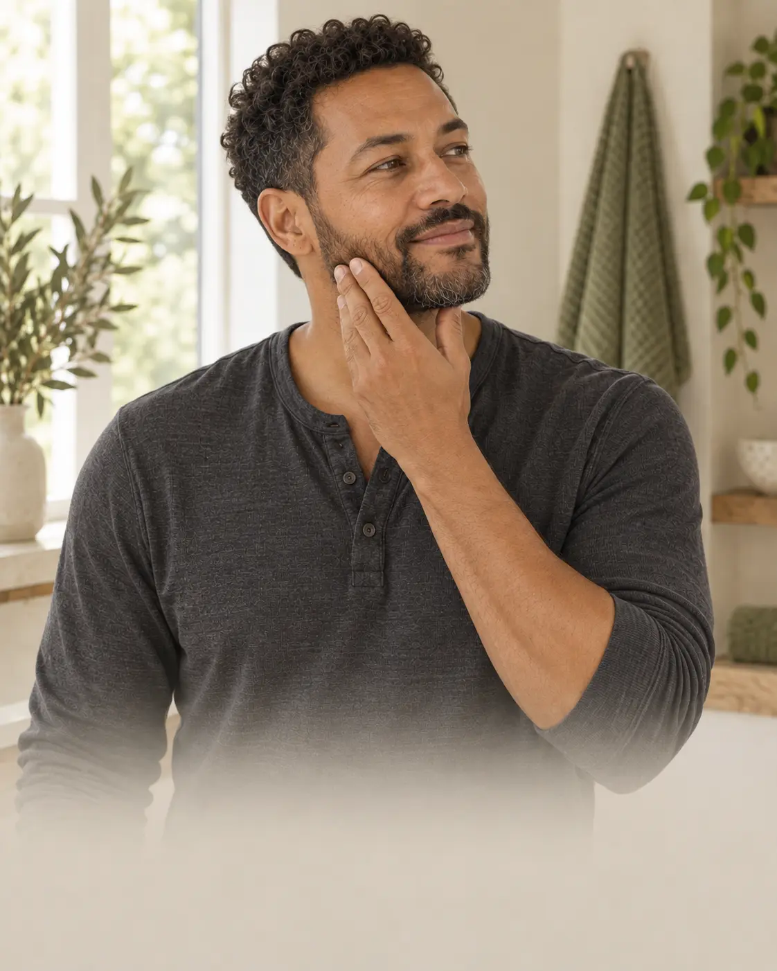 Man smoothing his beard during a relaxed morning grooming routine